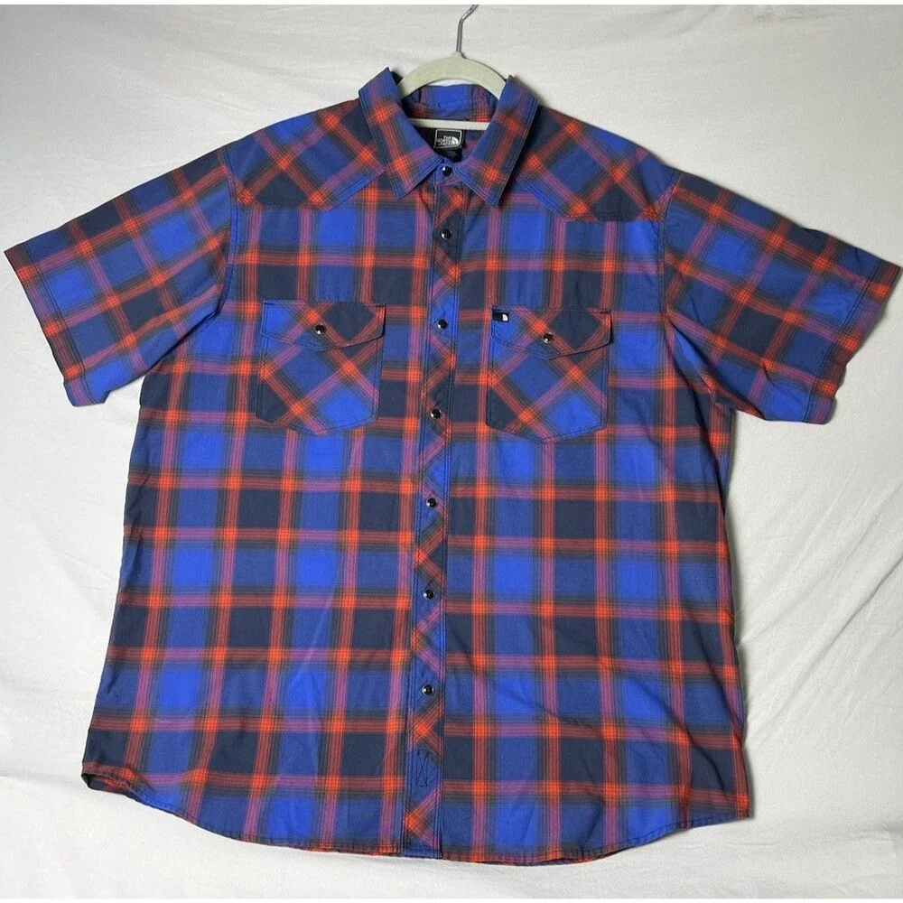 The North Face Button Down Shirt Mens M Blue Red Plaid Short Sleeve Cotton Top
